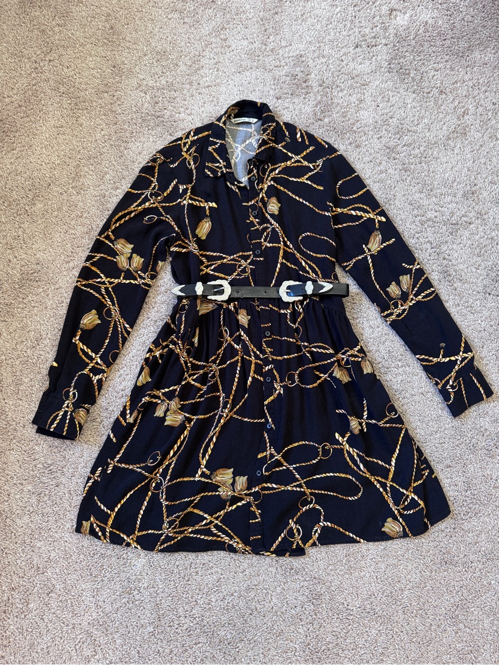 stradivarius Black Shirt Dress with Gold Rope Print